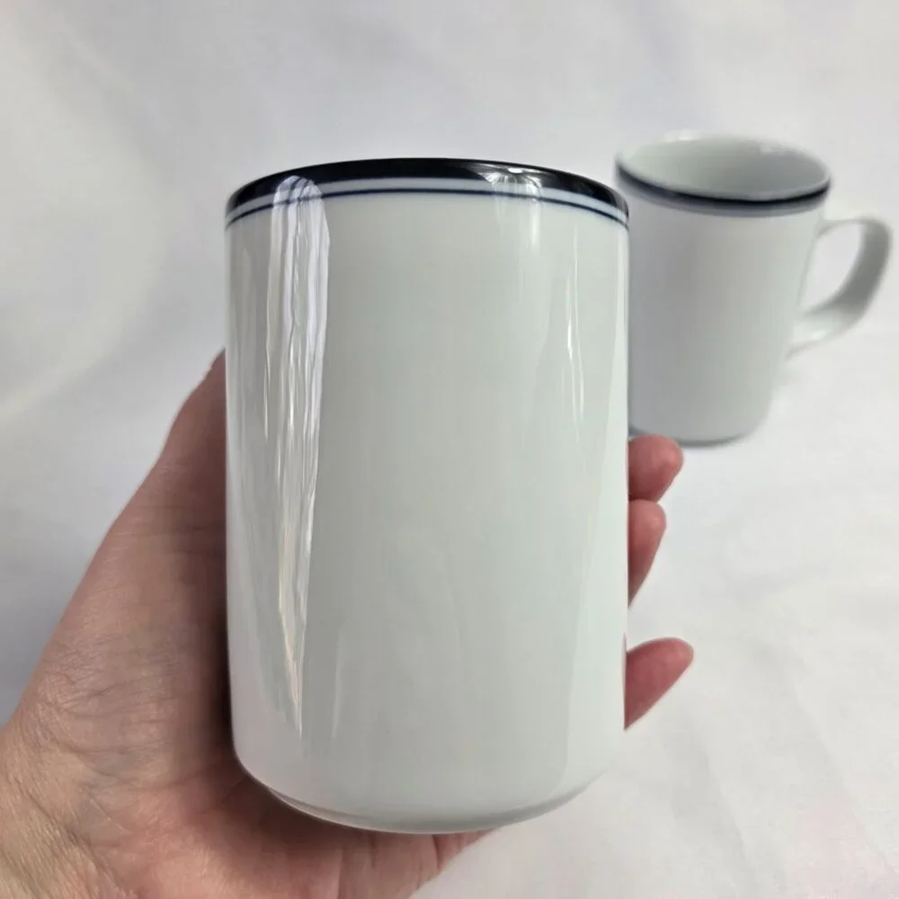 TWO Dansk Allegro Blue Mugs White with Two Blue Bands on Rim